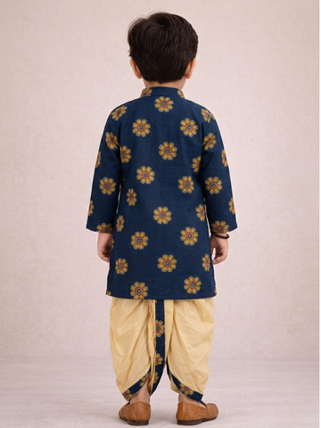 Kid One Full Sleeves Mirror Work Cotton Embroidered Kurta With Dhoti For Boys Blue