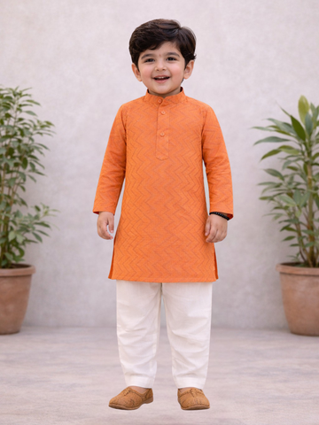 Kid One Full Sleeves Zig Zag Embroidered Cotton Kurta Pyjama Set For Boys Orange