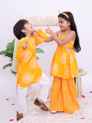 Kid One Kurta Sharara & Headband Set For Girls With Kurta Pyjama Set For Boys Orange