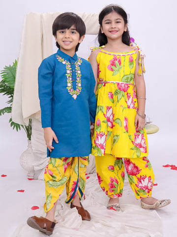 Kid One Floral Peplum Top With Afghani Salwar Set For Girls With Embroidered Kurta With Dhoti Set For Boys Yellow & Blue