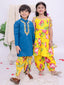 Kid One Floral Peplum Top With Afghani Salwar Set For Girls With Embroidered Kurta With Dhoti Set For Boys Yellow & Blue