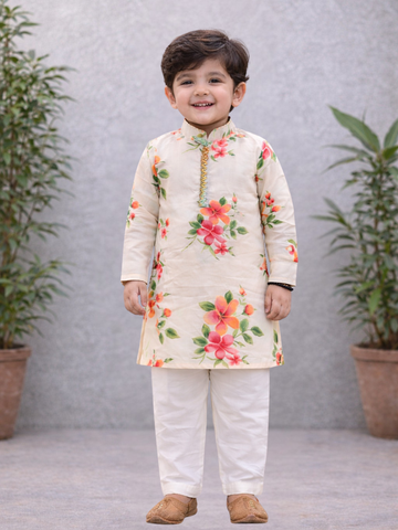 Kid One Full Sleeves Floral Printed Cotton Kurta Pyjama Set For Boys Offwhite