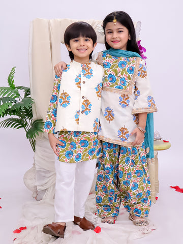 Kid One Floral Printed Kurti Salwar And Dupatta Set With Printed Kurta Pyjama And Jacket Set - Blue