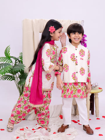 Kid One Floral Printed Kurti Salwar And Dupatta Set With Printed Kurta Pyjama And Jacket Set - Pink