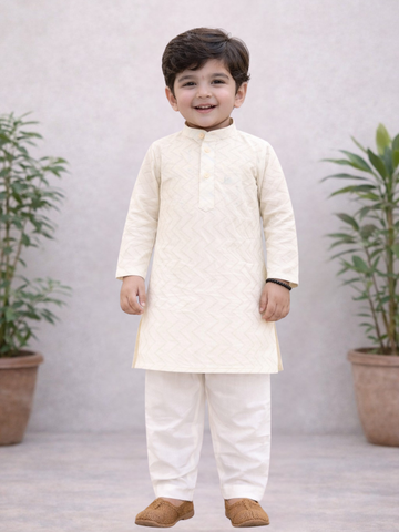 Kid One Full Sleeves Zig Zag Embroidered Cotton Kurta Pyjama Set For Boys Offwhite