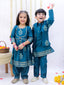 Kid One Block Print Anarkali Pant With Dupatta For Girls With Block Print Kurta Pyjama With Jacket Set For Boys Blue