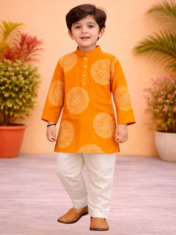 Kid One Full Sleeves Printed Cotton Kurta Pyjama Set For Boys Orange
