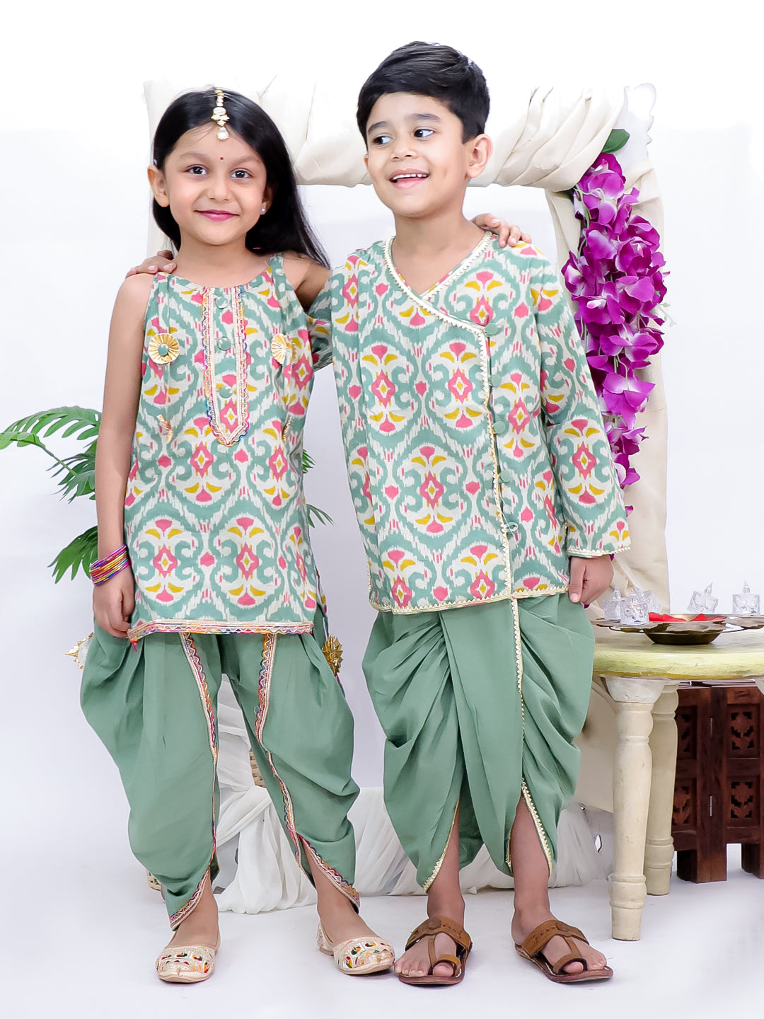 Kid One Cotton Kurti With Dhoti Set For Girls With Printed Kurta Dhoti Set For Boys Green