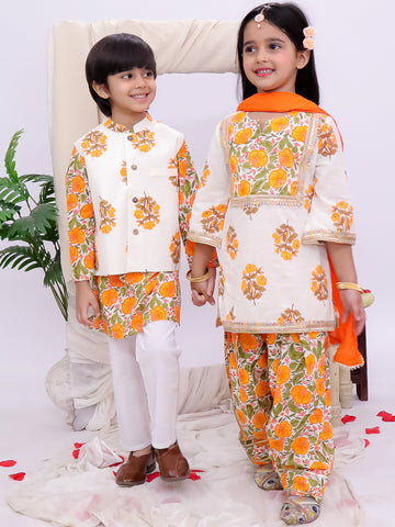 Kid One Floral Printed Kurti Salwar And Dupatta Set With Printed Kurta Pyjama And Jacket Set - Orange