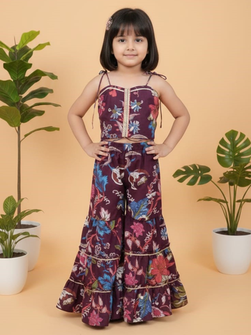Kid One Sleeveless Floral Print Crop Top With Sharara Set For Girls Wine