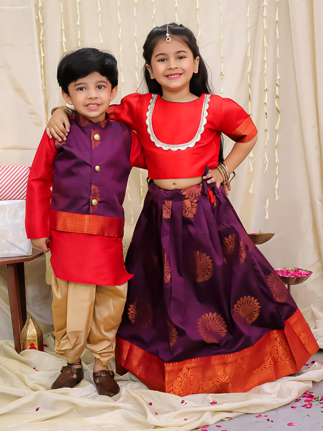 KID1 Jacquard Pattu Pavdai For Girls With Attached Silk Jacket Kurta With Dhoti For Boys - Red & Purple