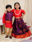 KID1 Jacquard Pattu Pavdai For Girls With Attached Silk Jacket Kurta With Dhoti For Boys - Red & Purple