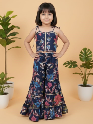 Kid One Sleeveless Floral Print Crop Top With Sharara Set For Girls Blue