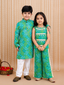 Kid One Bandhani Print Cotton Co-ord Set For Girls With Bandhej Print Cotton Kurta With Pyjama Set For Boys Green