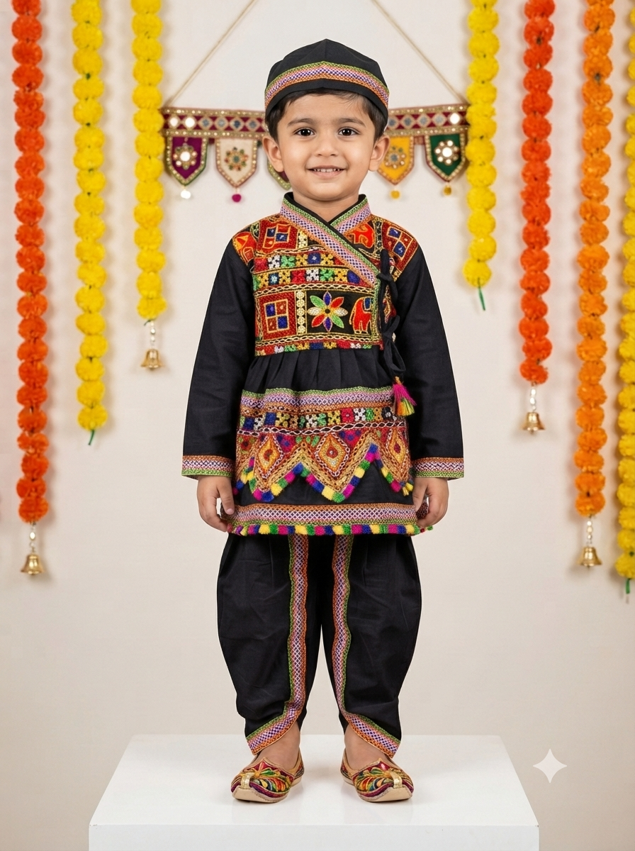 Kid One Navratri Printed Cotton Kedia Set For Boys Black