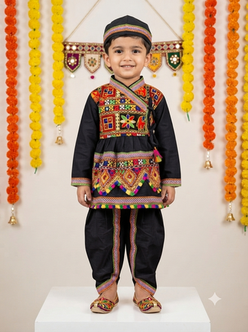 Kid One Navratri Printed Cotton Kedia Set For Boys Black
