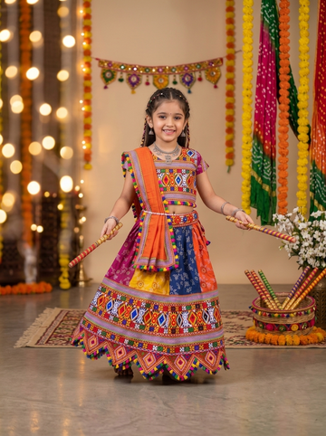 Kid One Garba Mirror Work Embroidered Cotton Lehenga Choli With Dupatta Set For Girls Multi