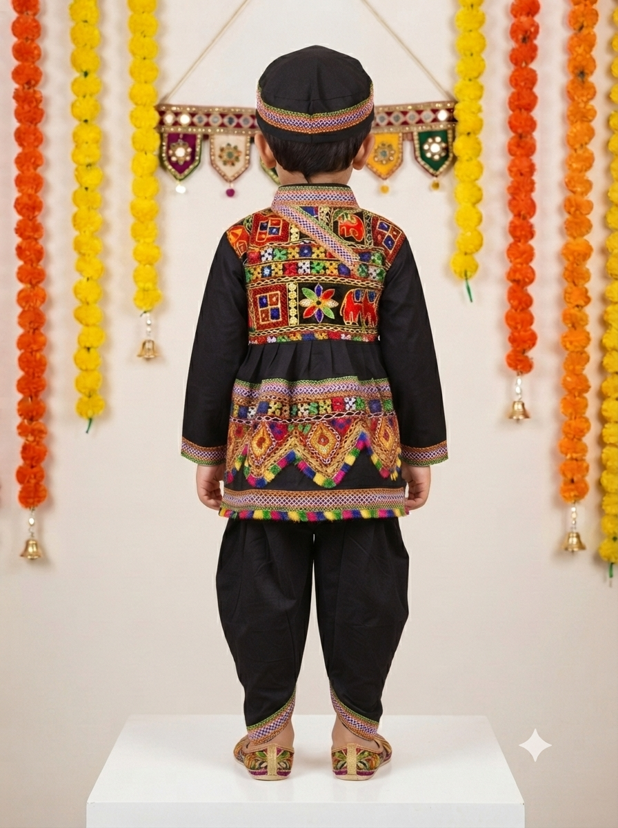Kid One Navratri Printed Cotton Kedia Set For Boys Black