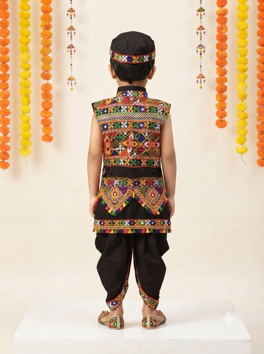 Kid One Infants Navratri Printed Cotton Kedia Set For Boys Black
