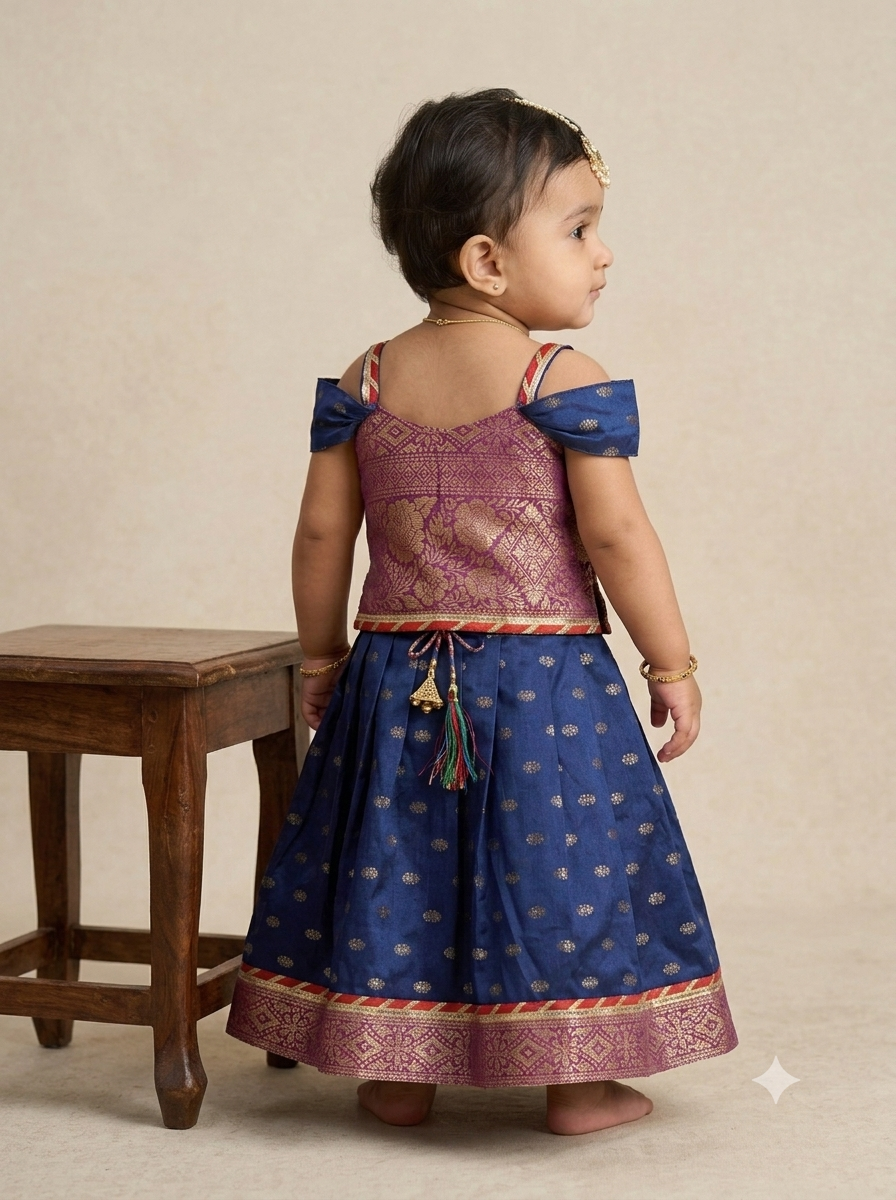 Kid One Jacquard Pattu Pavadai Skirt Top Set For Girls Navy