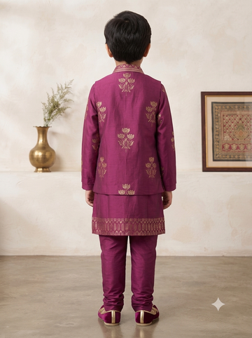 Kid One Block Print Kurta Pyjama With Jacket Set For Boys Wine