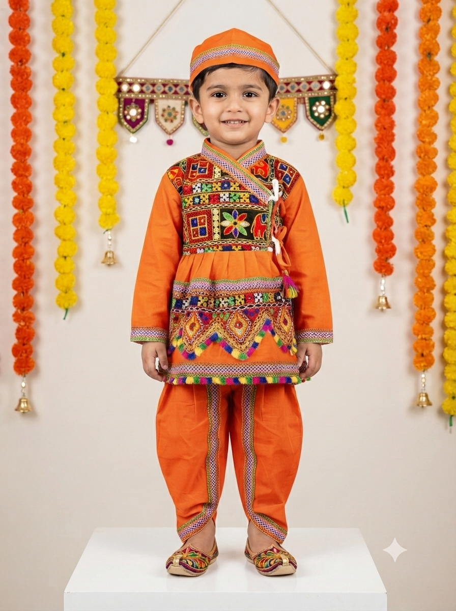 Kid One Navratri Printed Cotton Kedia Set For Boys Orange