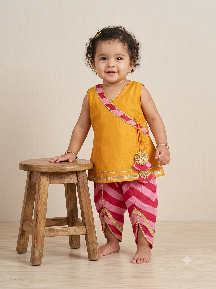 Kid One Angarakha Kurti With Leheriya Dhoti Set For Girls Yellow