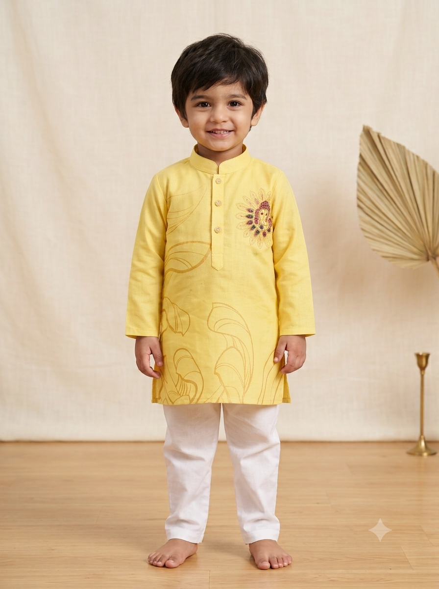 Kid One Digitl Print Bappa Kurta With Pyjama Set For Boys Yellow