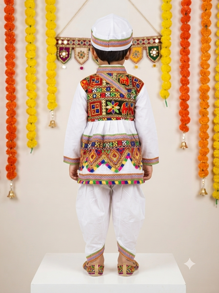 Kid One Navratri Printed Cotton Kedia Set For Boys White