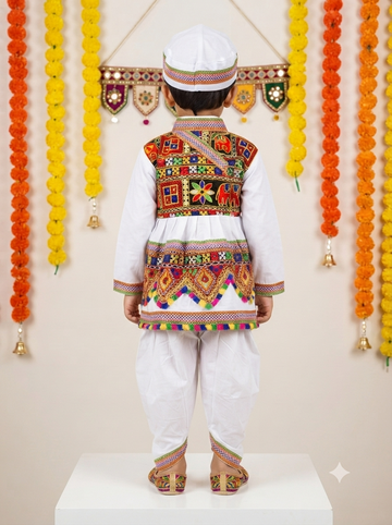 Kid One Navratri Printed Cotton Kedia Set For Boys White