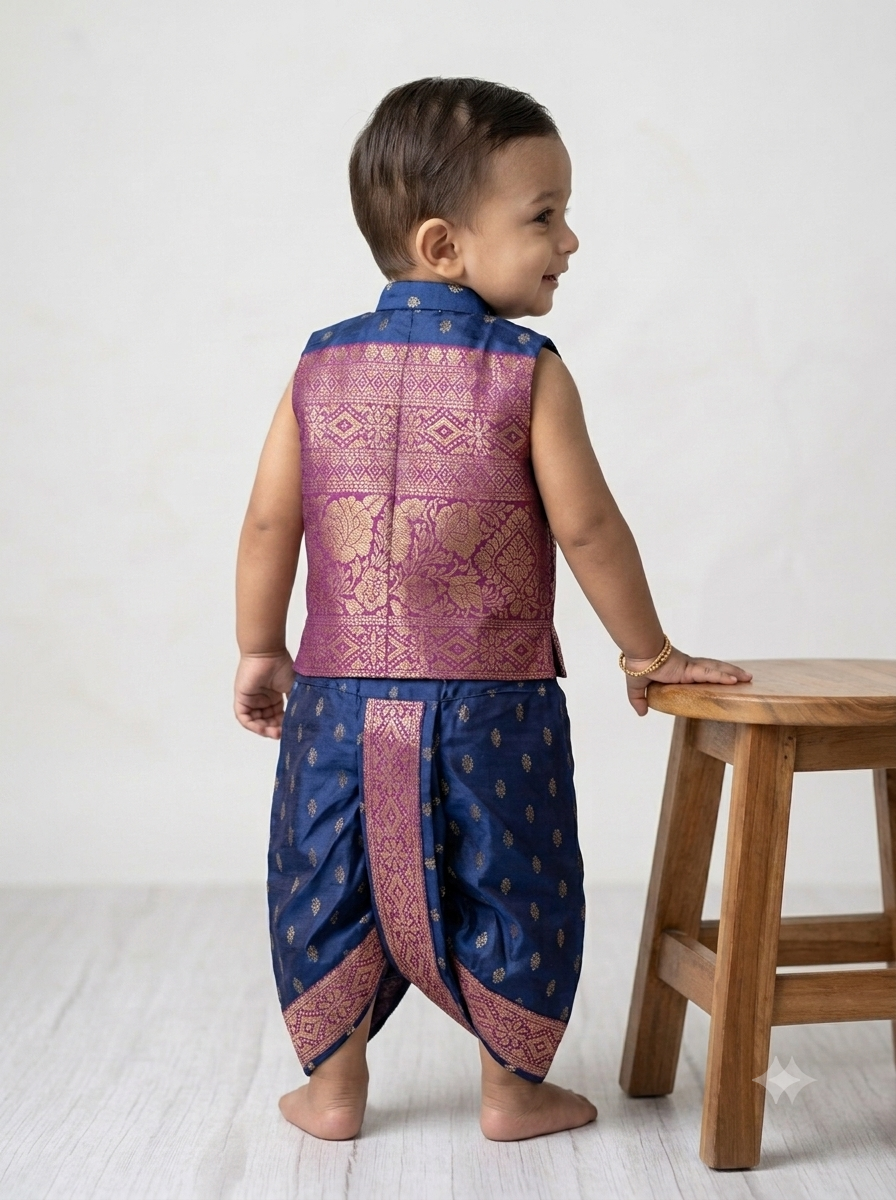 Kid One Jacquard Jacket Dhoti Set For Boys Navy