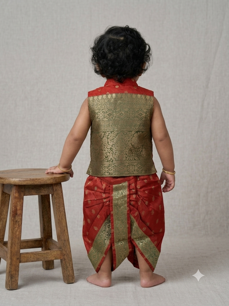 Kid One Jacquard Jacket Dhoti Set For Boys Red