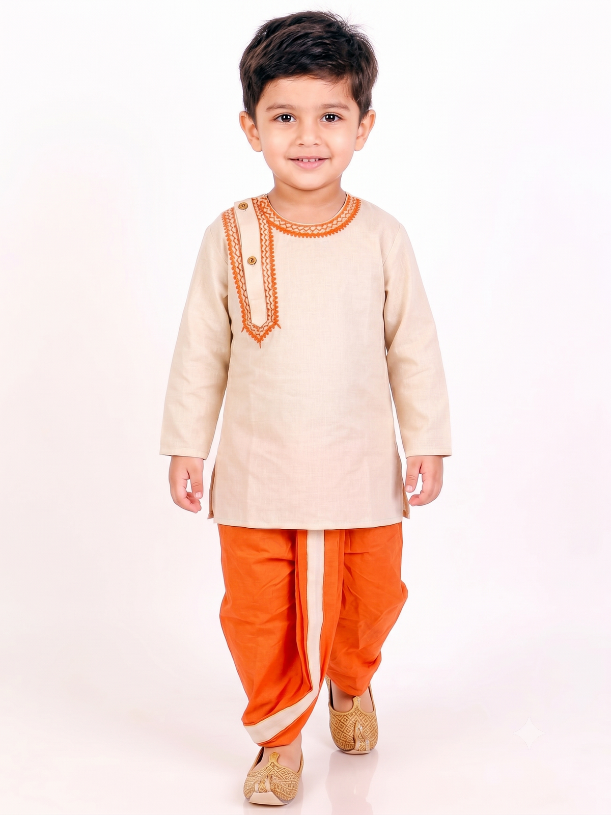 Kid One Embroidered Round Neck Cotton Kurta Dhoti Set For Boys Offwhite