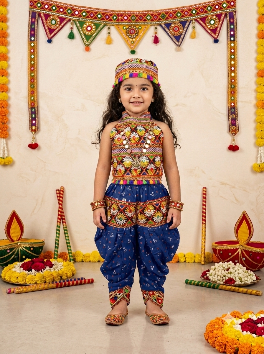 Kid One Navratri Printed Cotton Top Dhoti With Cap Set For Girls Blue