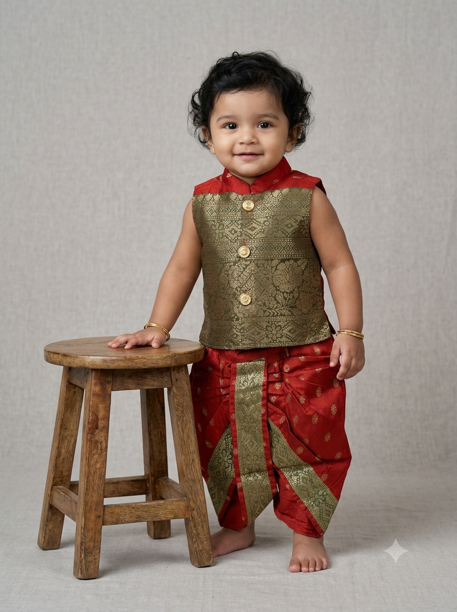 Kid One Jacquard Jacket Dhoti Set For Boys Red