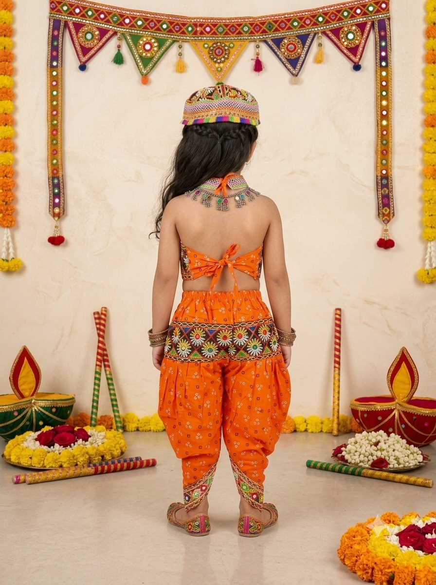 Kid One Navratri Printed Cotton Top Dhoti With Cap Set For Girls Orange