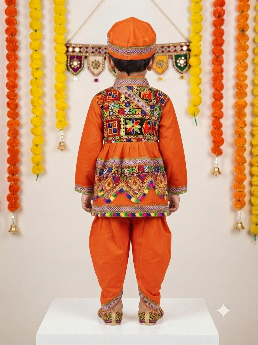 Kid One Navratri Printed Cotton Kedia Set For Boys Orange