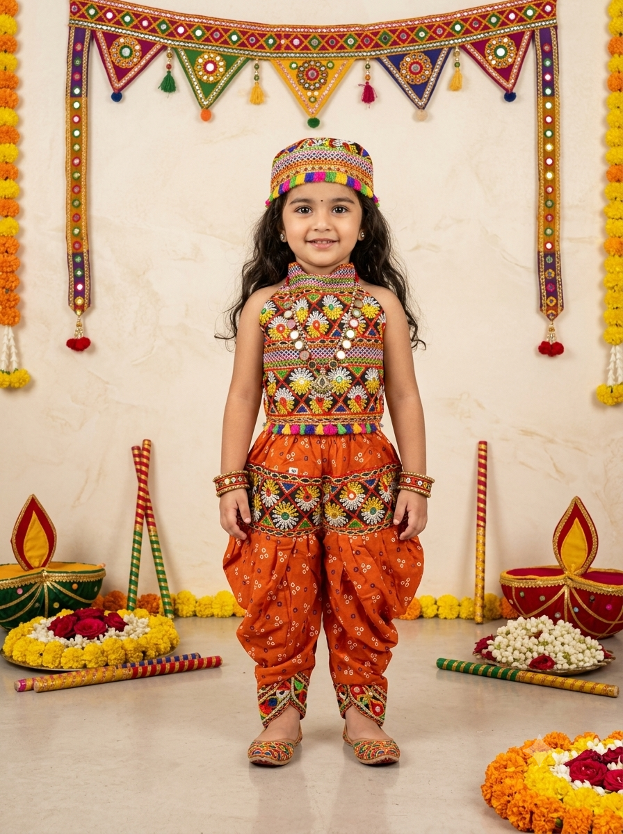 Kid One Navratri Printed Cotton Top Dhoti With Cap Set For Girls Orange