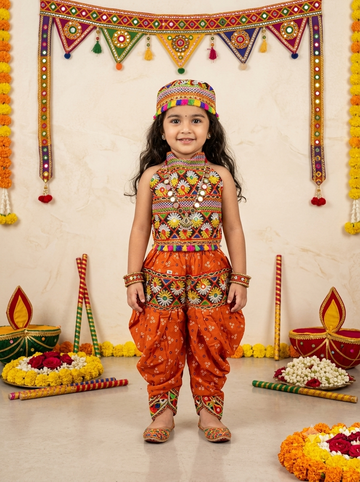 Kid One Navratri Printed Cotton Top Dhoti With Cap Set For Girls Orange