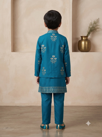 Kid One Block Print Kurta Pyjama With Jacket Set For Boys Blue