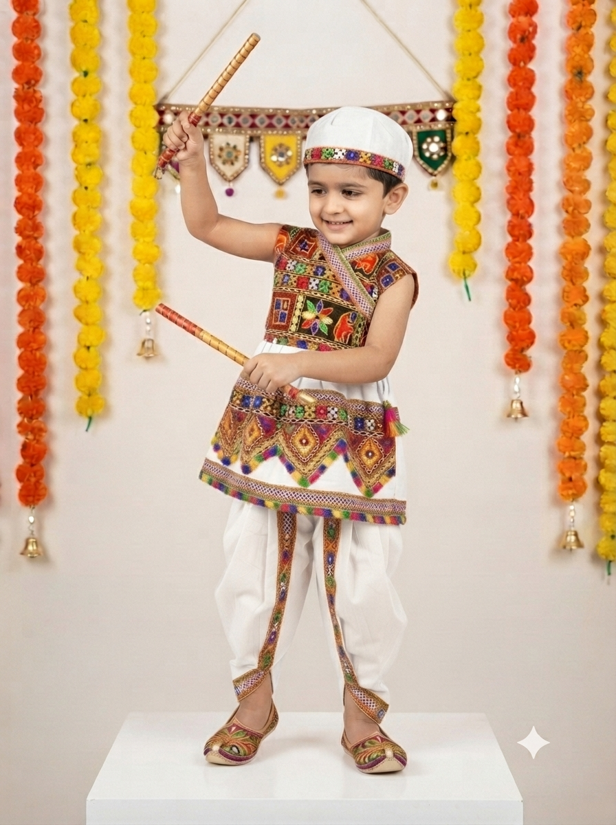 Kid One Infants Navratri Printed Cotton Kedia Set For Boys White