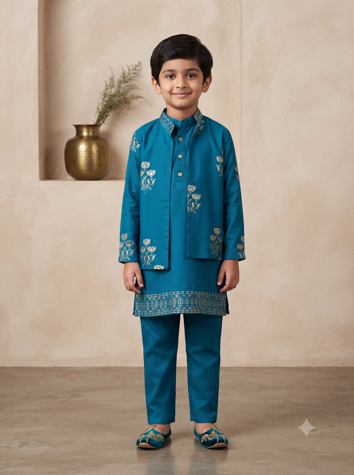 Kid One Block Print Kurta Pyjama With Jacket Set For Boys Blue