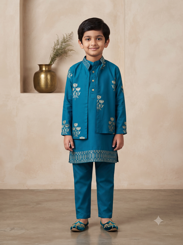 Kid One Block Print Kurta Pyjama With Jacket Set For Boys Blue