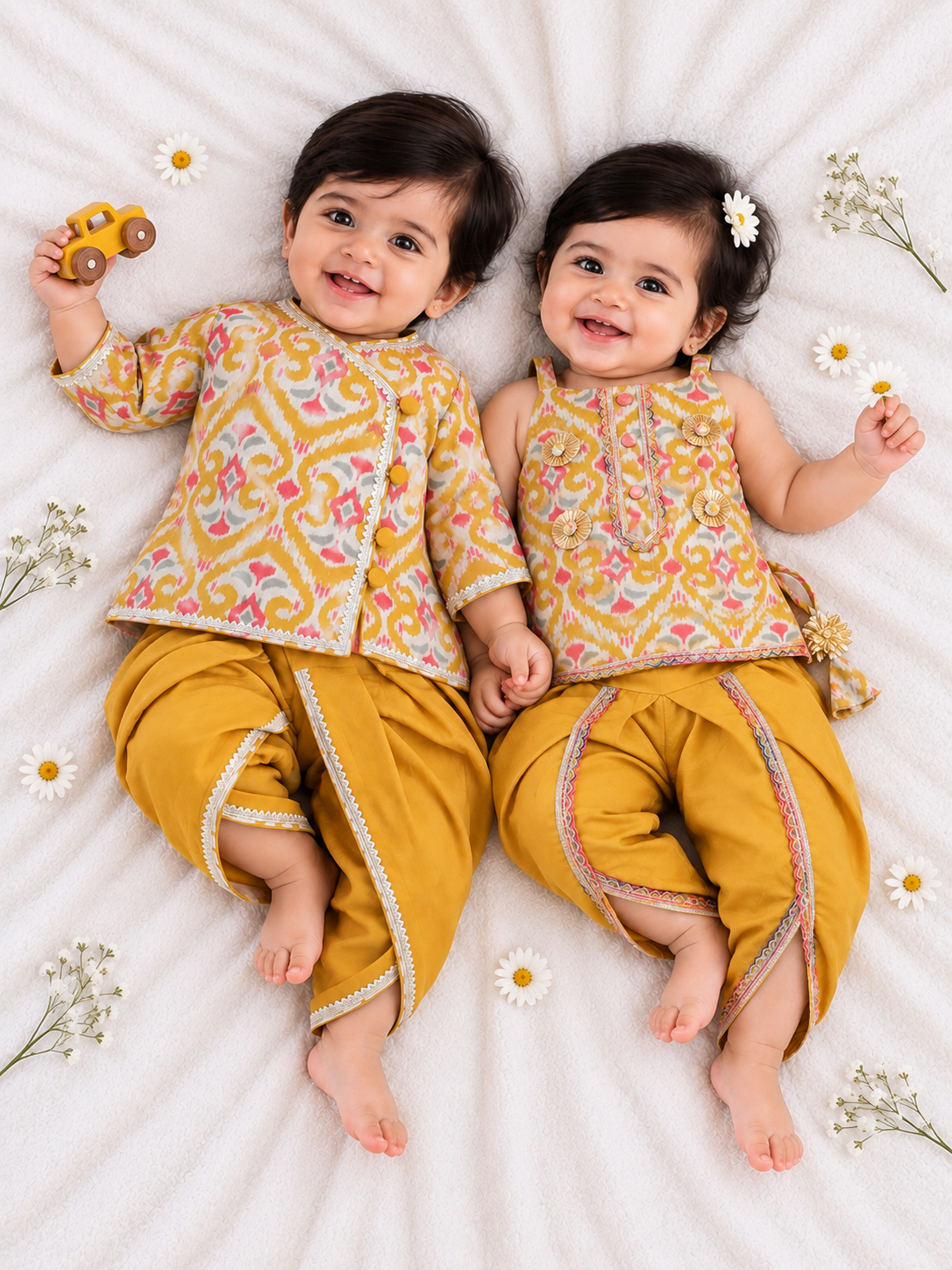 Kid One Infants Cotton Kurti With Dhoti Set For Girls With Printed Kurta Dhoti Set For Boys Yellow