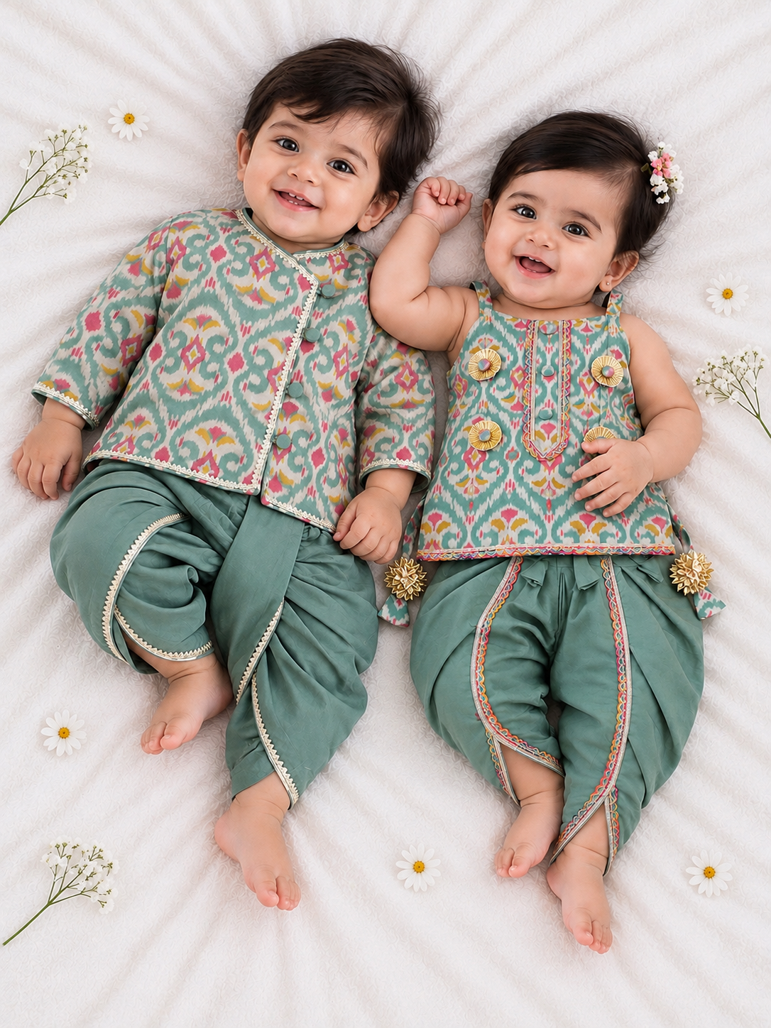 Kid One Infants Cotton Kurti With Dhoti Set For Girls With Printed Kurta Dhoti Set For Boys Green