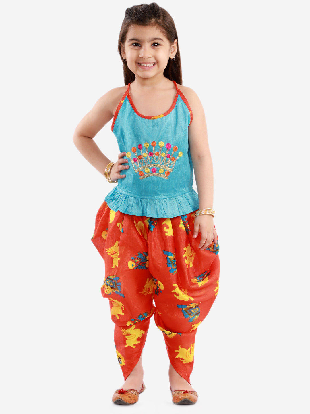 KID1 Crown Embroiderd Top With Animal Print Dhoti Blue