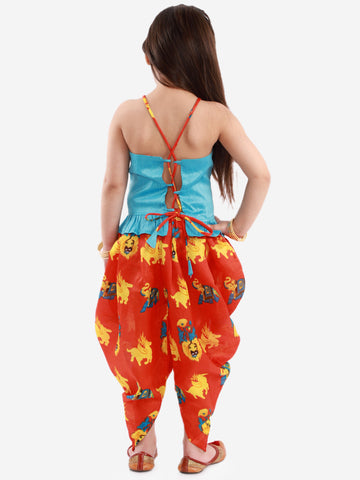 KID1 Crown Embroiderd Top With Animal Print Dhoti Blue