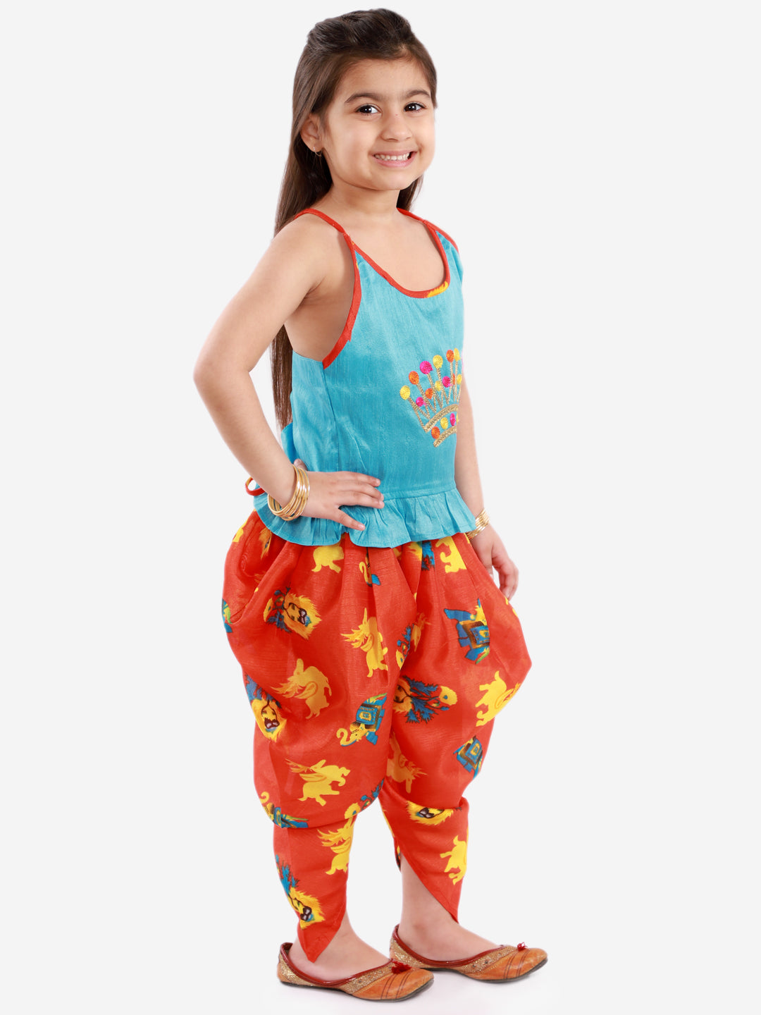 KID1 Crown Embroiderd Top With Animal Print Dhoti Blue