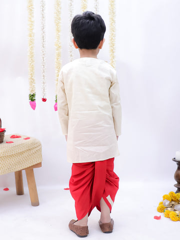 Kid One Embroidered Round Neck Cotton Kurta Dhoti Set For Boys Red