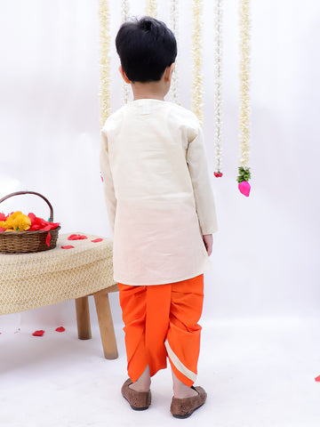 Kid One Embroidered Round Neck Cotton Kurta Dhoti Set For Boys Offwhite